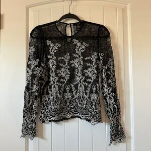 Sheer‎ Lace Blouse Floral Embroidered Long Sleeve Top Black Size L
